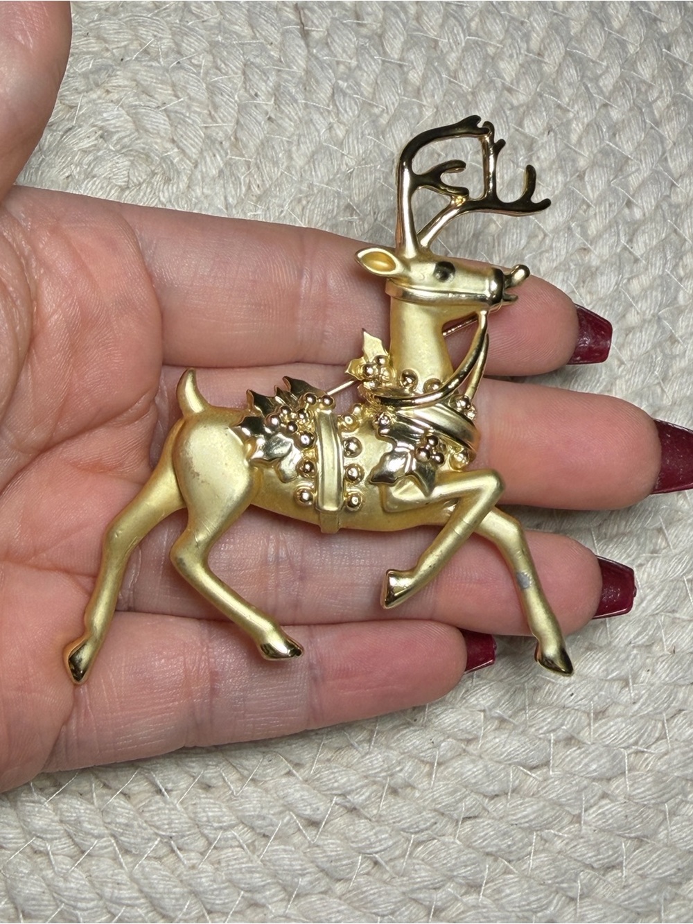 Vintage 3D Reindeer Brooch Gold Tone Rhinestone Repair Upcycle Art Piece